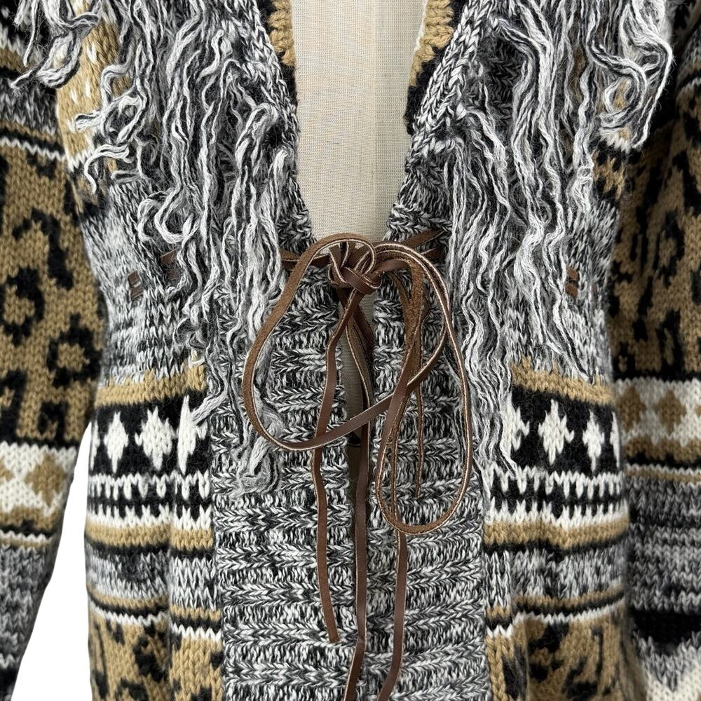 Vintage 80s Together Cardigan Sweater Medium Leopard Print Fringe Chunky Knit - Picture 7 of 13